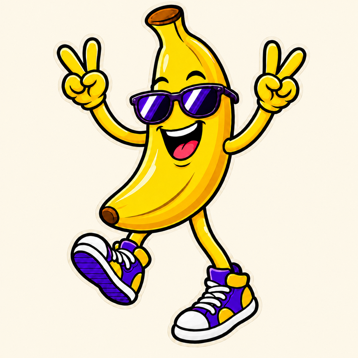 MMNW’s smiling yellow banana mascot, dancing with both hands making peace signs and no flags.